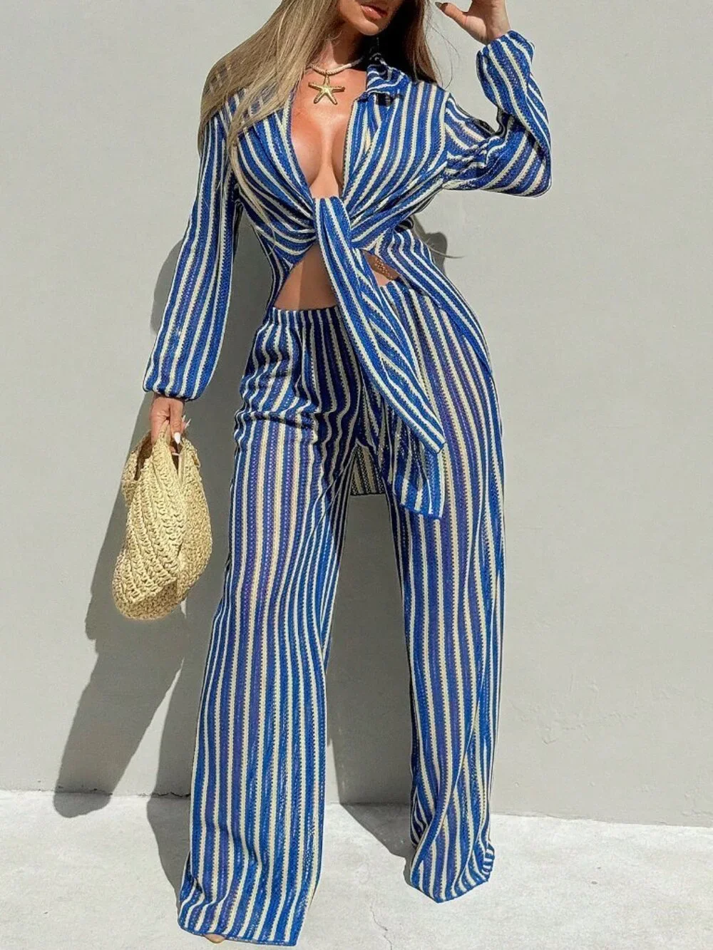Blue And White Striped Women's Jacquard Fabric Open Front Shirt Collar Cover-Up